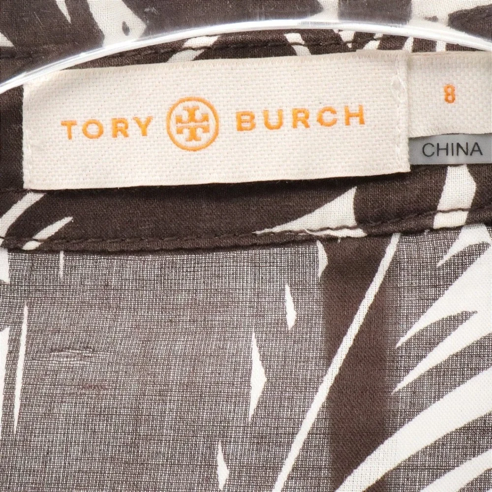 Tory Burch Palm Print Button Down Shirt Brown Cotton Roll Tab Sleeve Size 8
